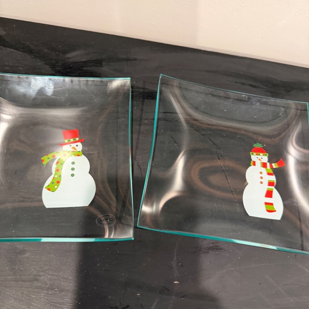 Vintage Snowman-Themed Glass Serving Tray & 4 Small Plates Set - Picture 3 of 4
